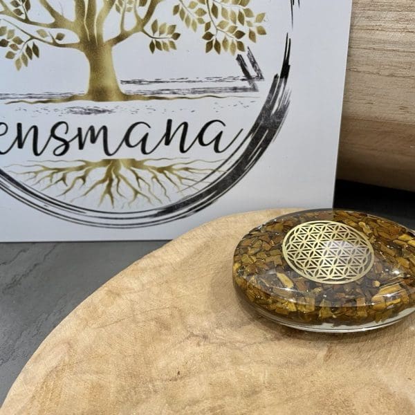 orgonite de poche oeil de tigre fleur de vie