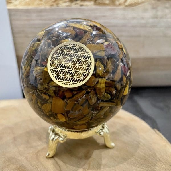 orgonite oeil de tigre fleur de vie sphere