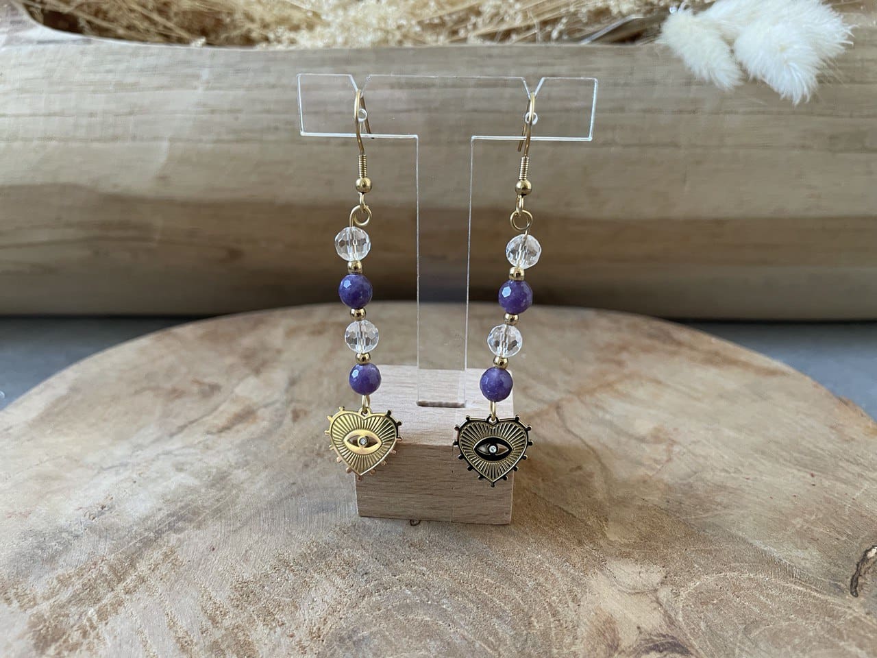 IMAGE 2025-04-19 09:57:35 Boucles d'oreilles Lépidolite et cristal de roche, Coeur Oeil protecteur – Image 1