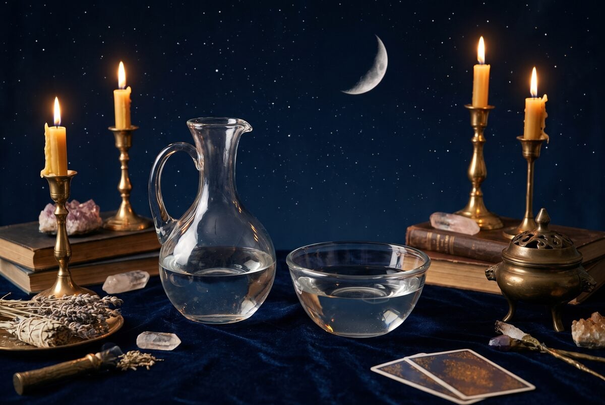 Carafe et bol d eau limpide sous un ciel nocturne etoile avec la lune, sur un velours sombre
