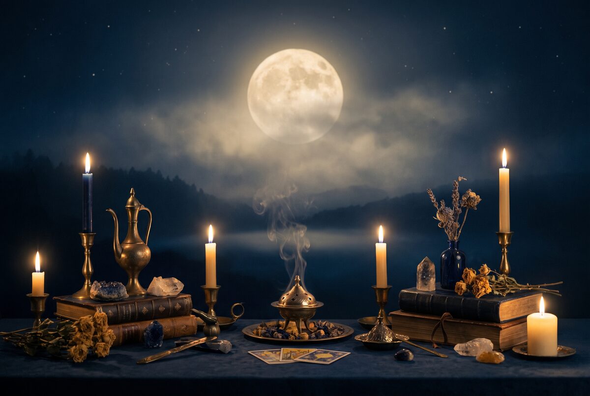Pleine lune voilee de brume au-dessus d un paysage nocturne calme, tons bleu nuit et or pale