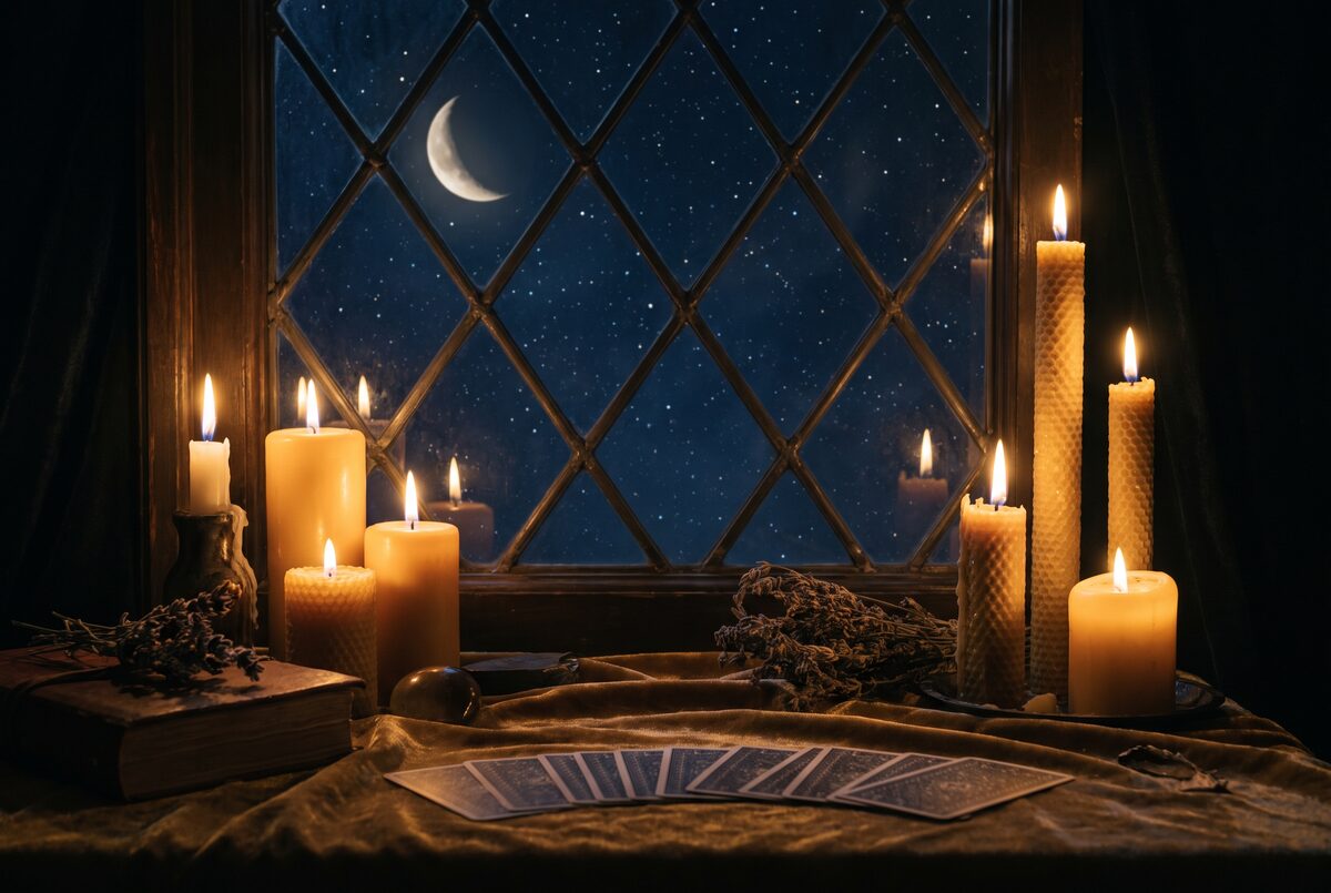 Ciel nocturne etoile et lune vus a travers une ancienne fenetre, quelques bougies au premier plan