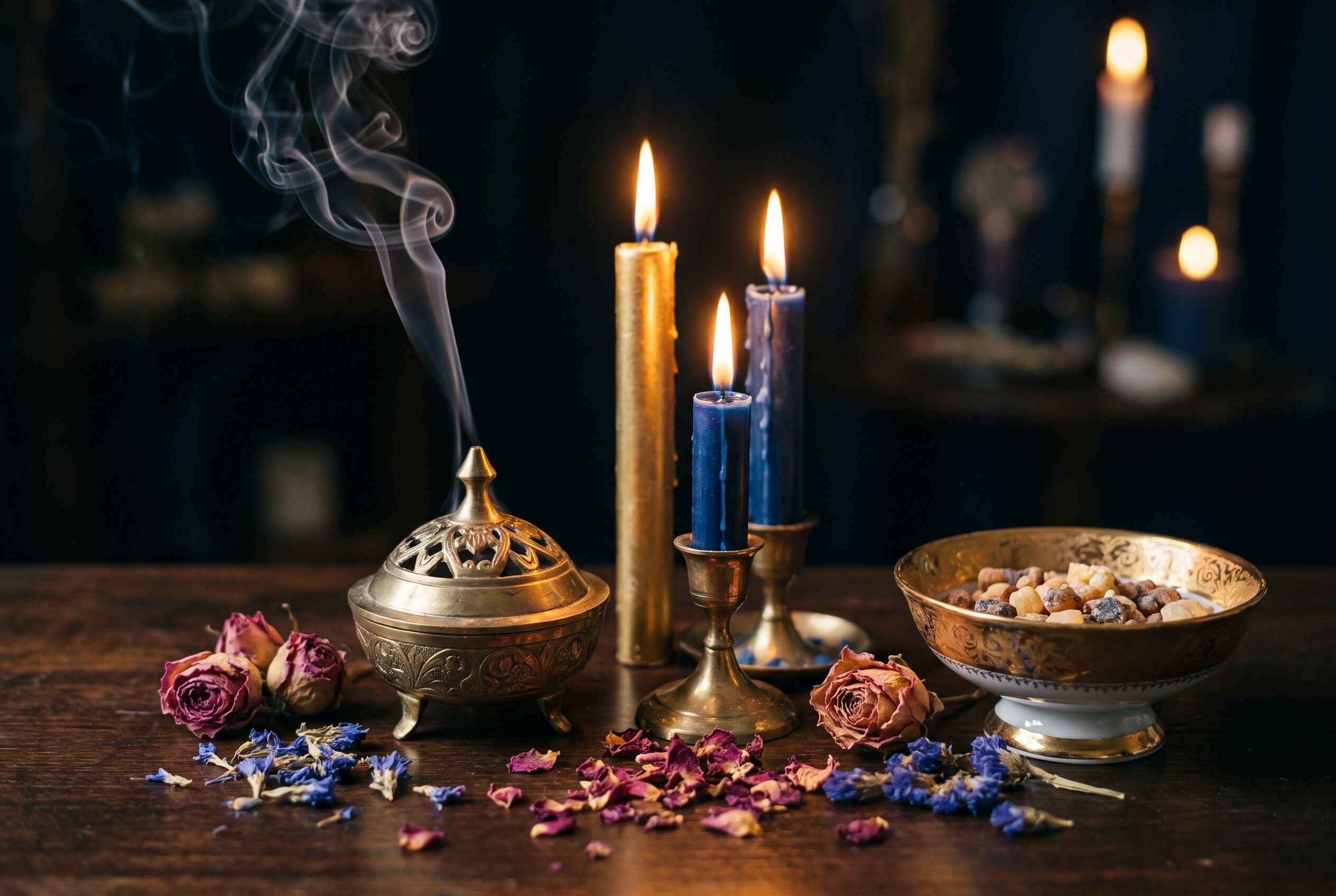 Un fin filet de fumee d encens pres de deux bougies sur une table en bois sombre, tons or et bleu nuit