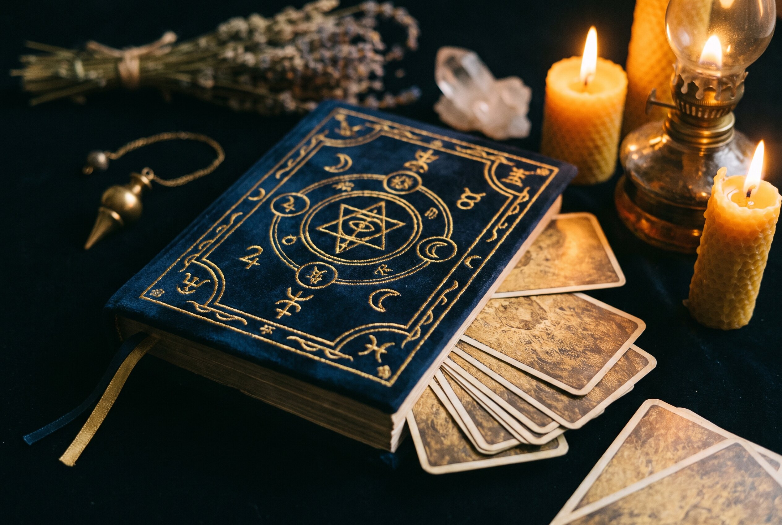 Un carnet de tarot posé sur du velours, entouré de cartes face cachée dans une lumière tamisée