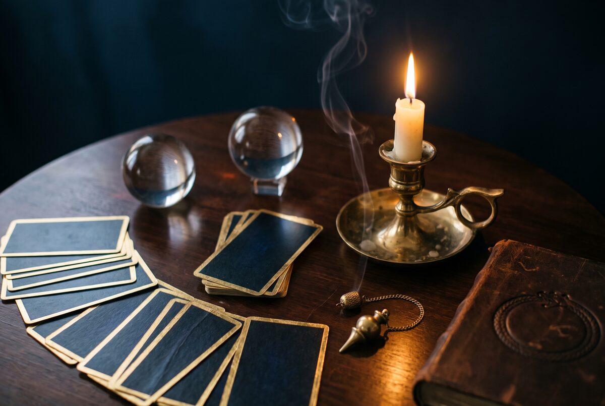 Cartes anciennes face cachee aux tranches dorees pres d une bougie allumee, sur une table en bois sombre