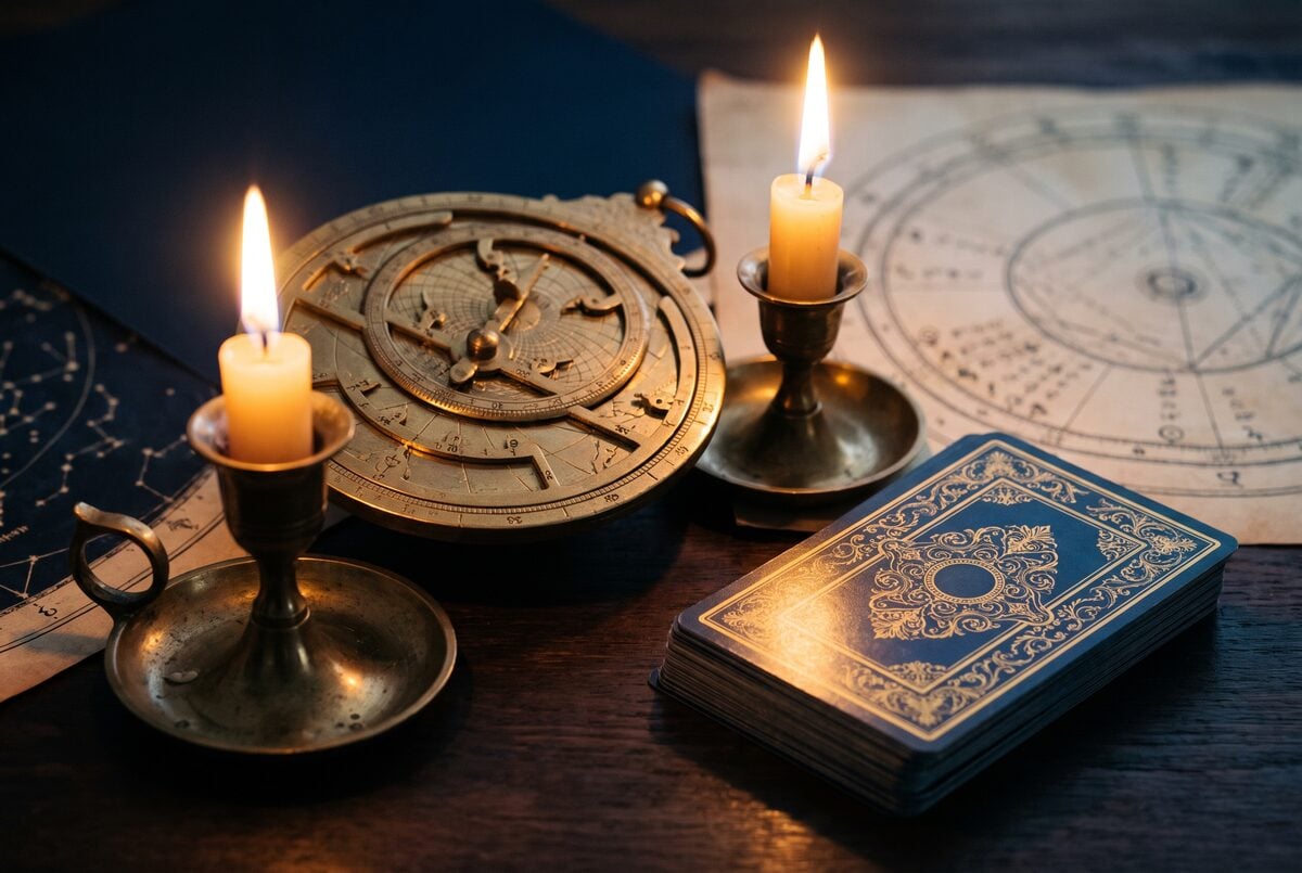 Astrolabe ancien en laiton et bougie allumee sur une table en bois sombre, cartes du ciel patinees