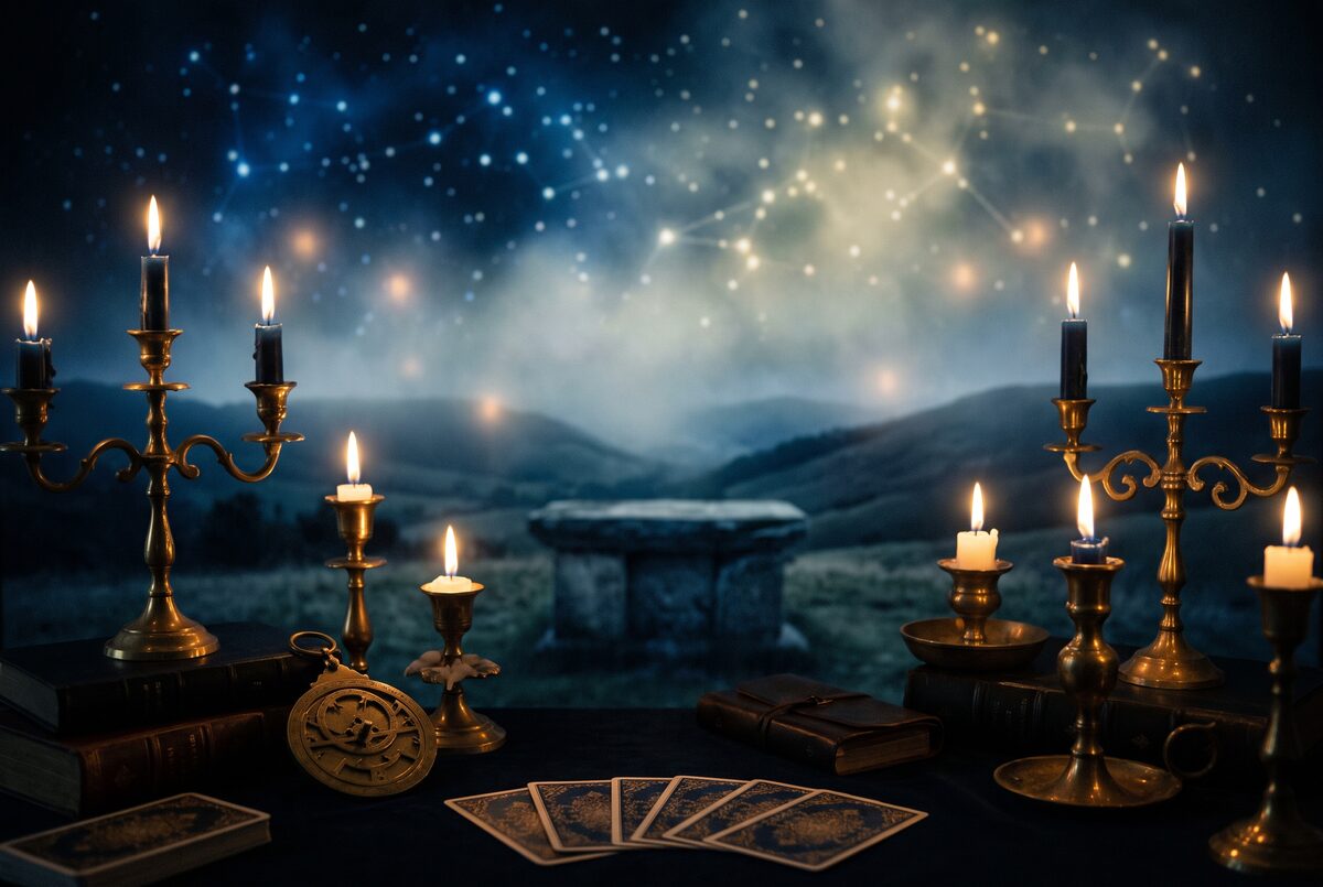Constellations diffuses derriere un voile de brume au-dessus d un paysage nocturne, tons bleu nuit et or
