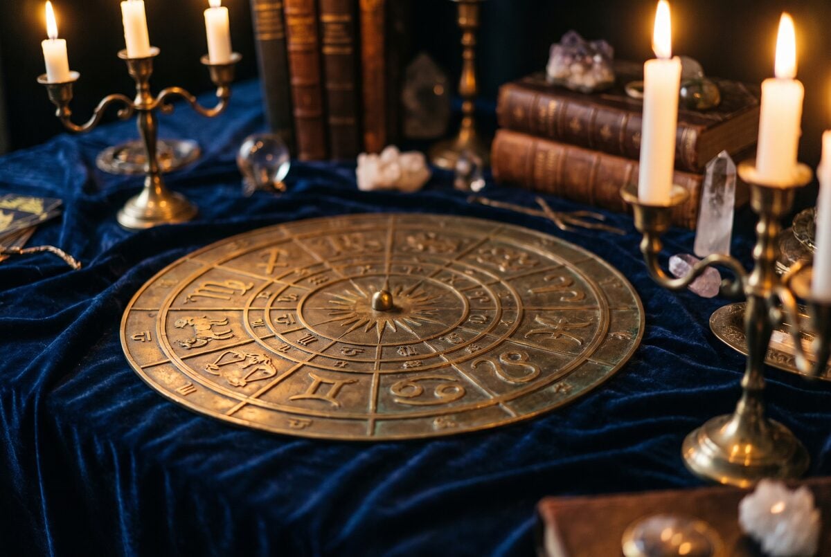Vieille roue astrologique gravee dans le laiton patine sur un velours bleu nuit, lueur de bougie, symboles flous