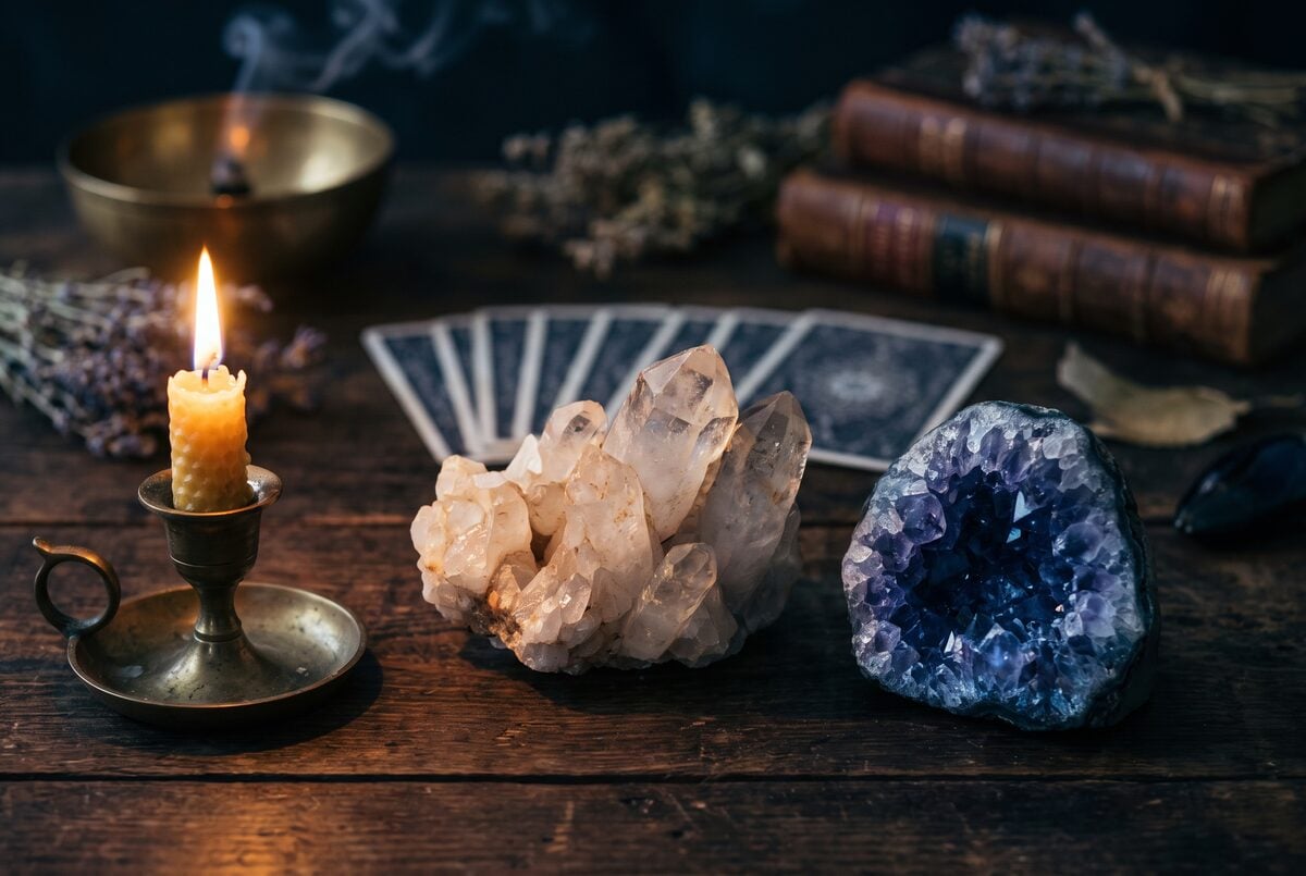 Amas de quartz et geode pres d une bougie sur une table en bois sombre, clair de lune diffus