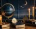 Ciel nocturne etoile avec la lune au-dessus d un horizon calme, tons bleu nuit et or, deux etoiles proches