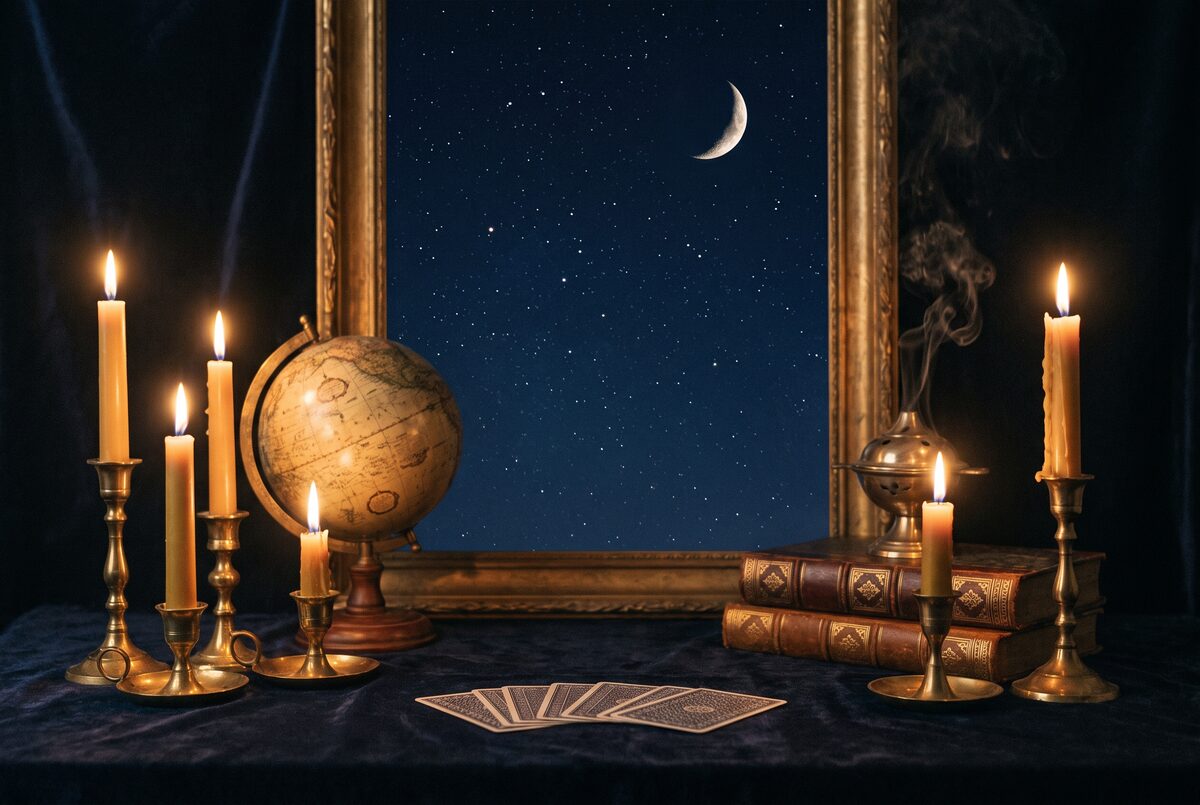 Ciel nocturne profond constelle d etoiles avec la lune, quelques bougies sur un velours sombre