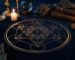Un motif de geometrie sacree en fines lignes dorees luisant dans la penombre bleu nuit