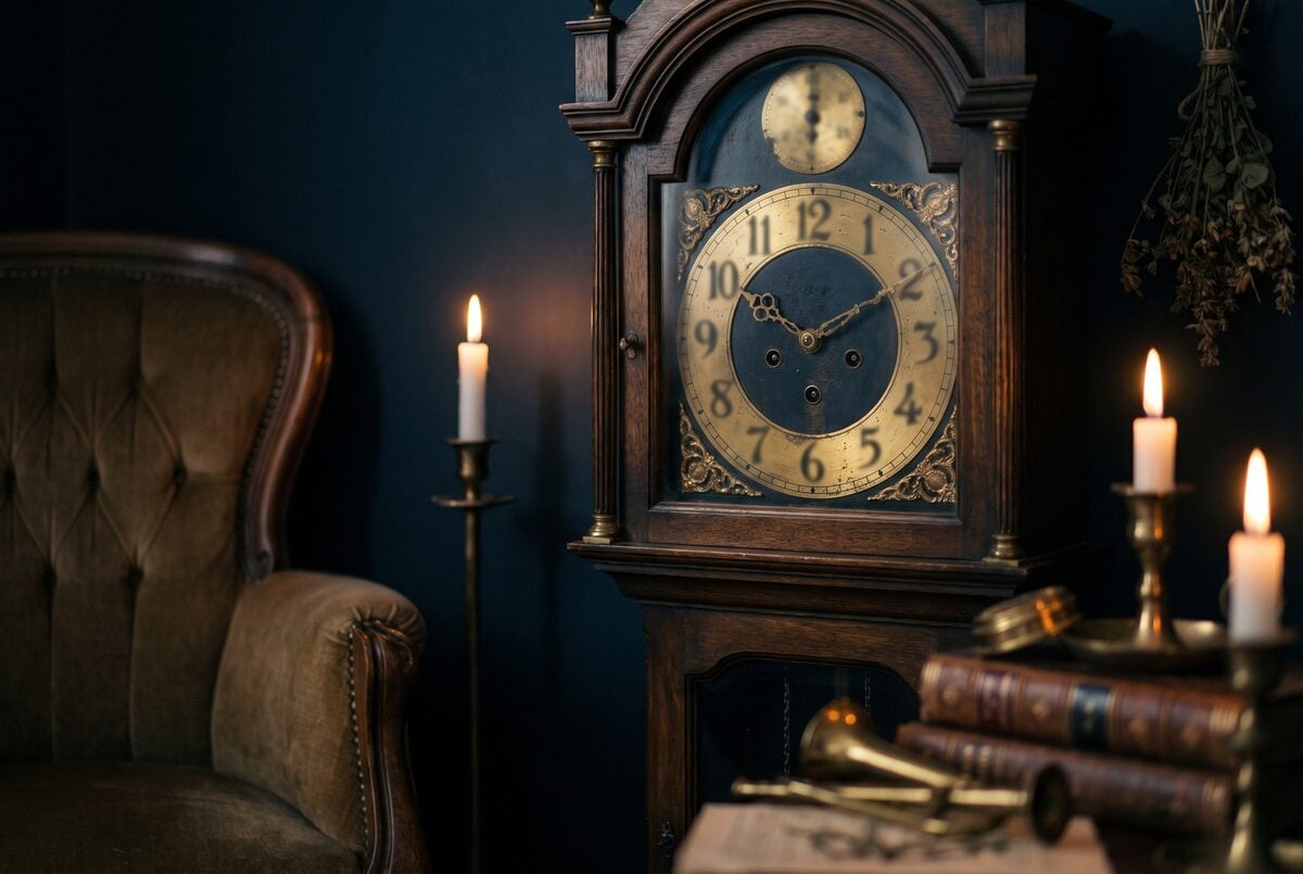 Vieille horloge murale en bois patine dans une piece sombre, lumiere chaude tamisee, chiffres indistincts