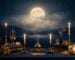 Pleine lune voilee de brume au-dessus d un paysage nocturne calme, tons bleu nuit et or pale