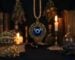 Une amulette oeil bleu nazar suspendue a un cordon devant un fond nocturne sombre, lumiere douce
