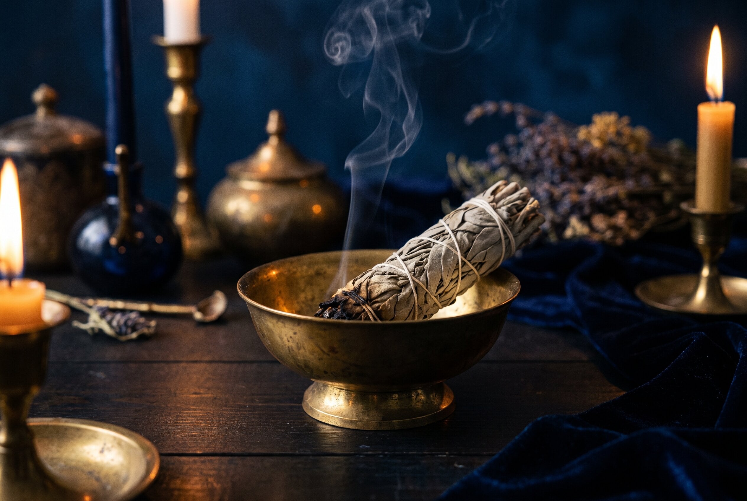 Un fagot de sauge qui fume doucement dans une coupelle sur une table en bois sombre, fond nocturne bleu nuit