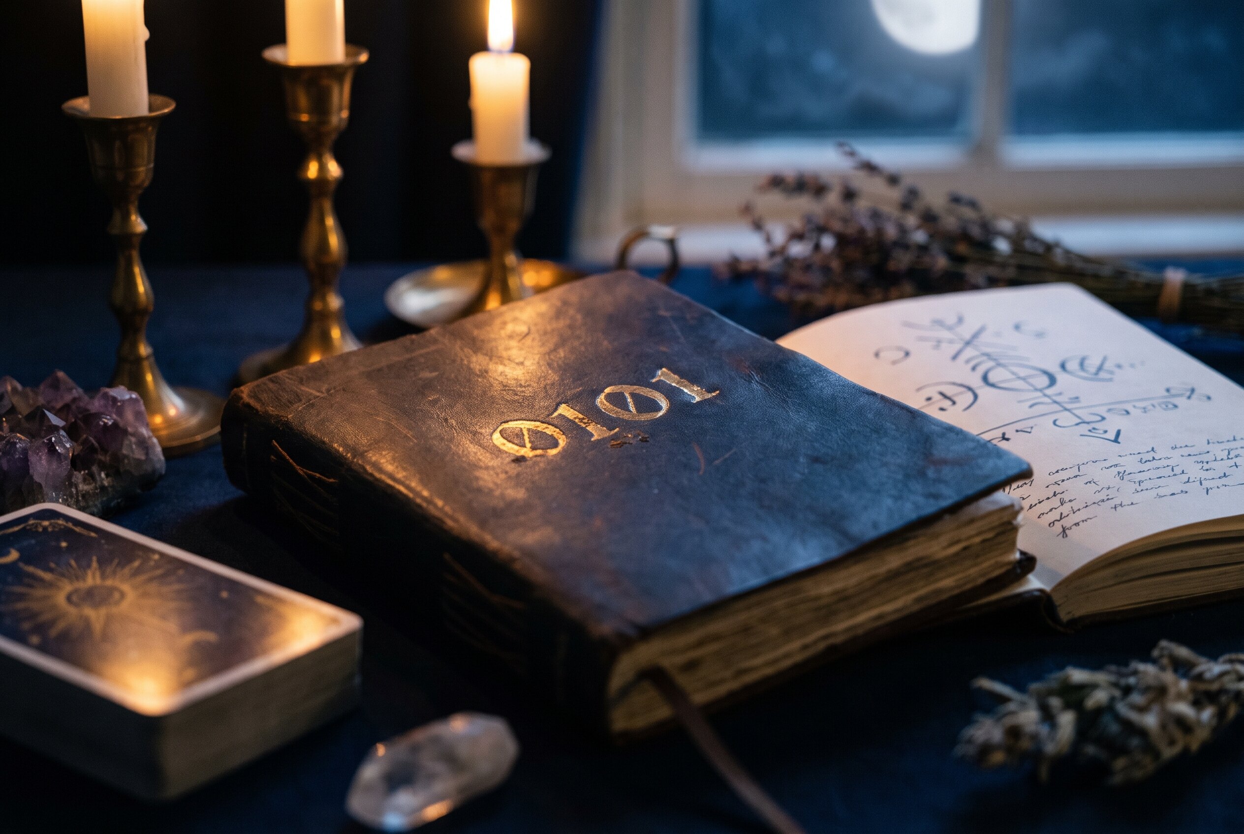 Un carnet et une plume posés près d'une bougie, pour un moment d'introspection nocturne