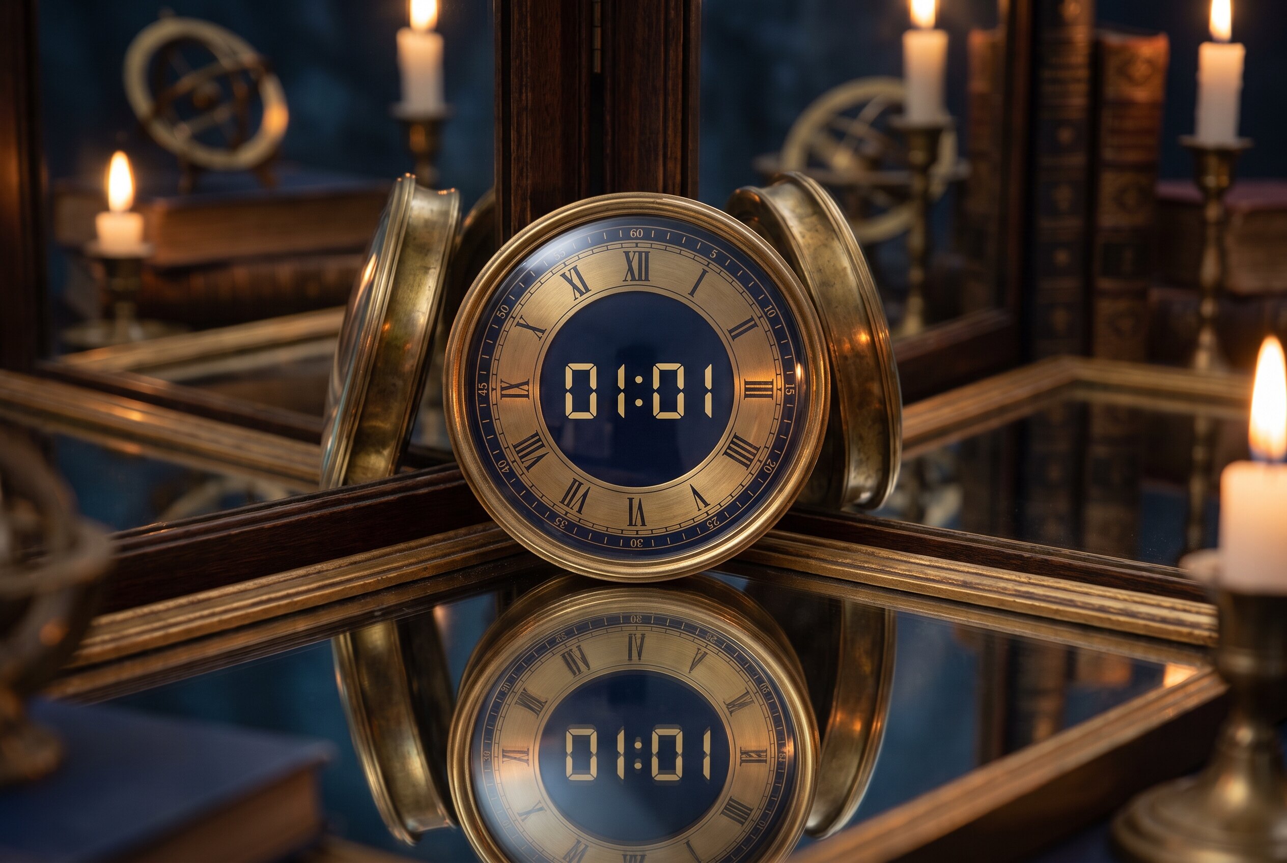 Deux reflets symétriques évoquant la dualité du chiffre un, dans une pénombre bleu nuit et or