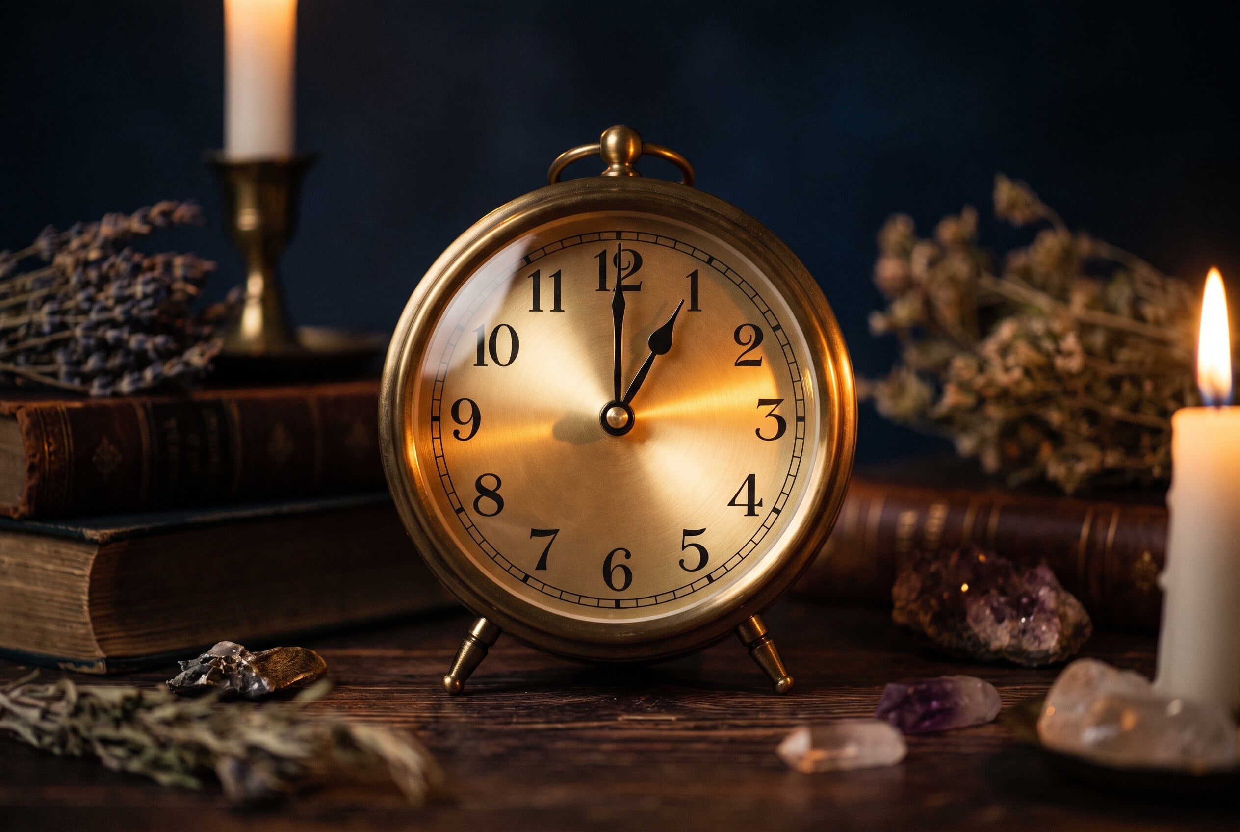 Une horloge ancienne affichant 01h01 dans une lueur nocturne feutrée, aux tons bleu nuit et or