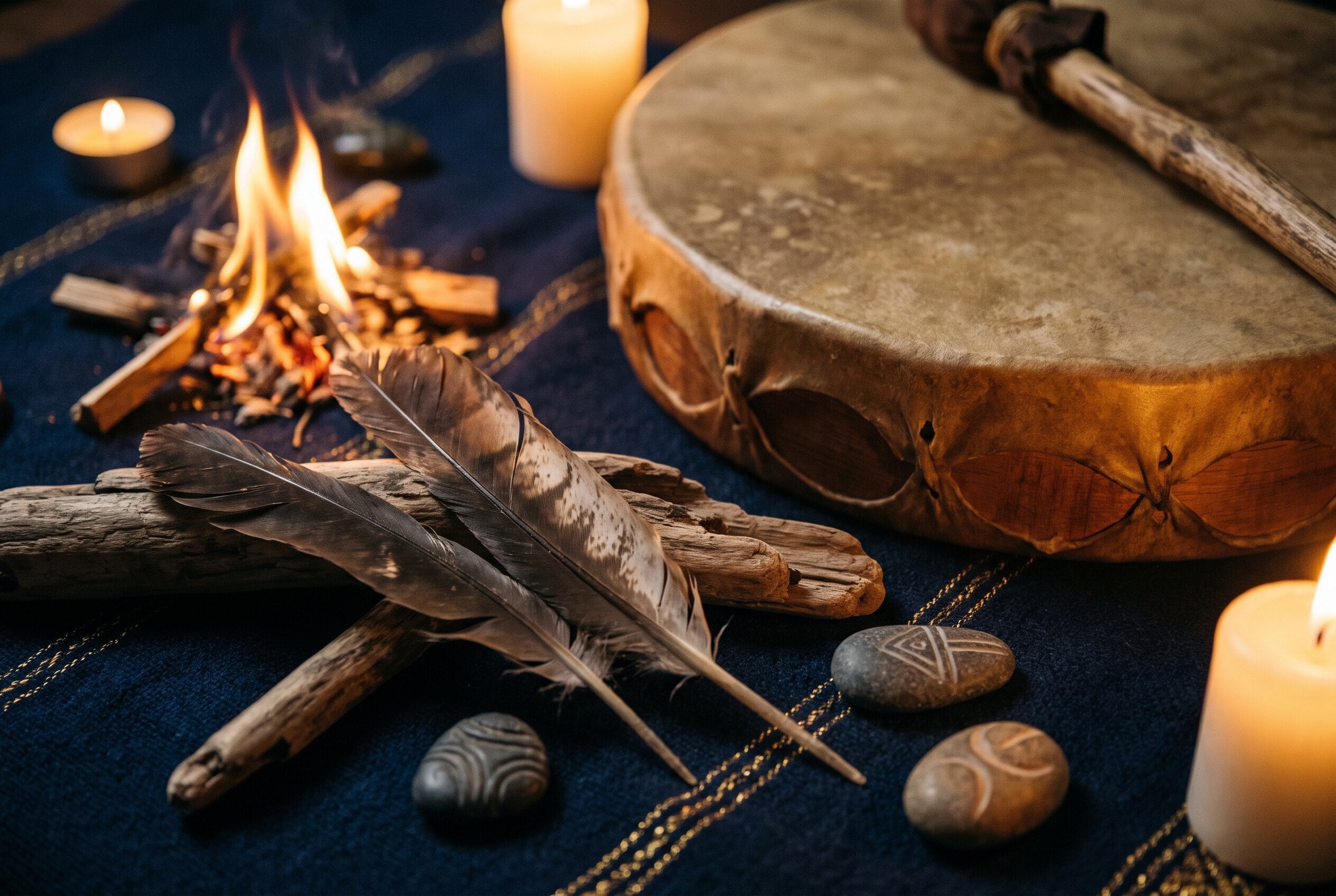 Un tambour chamanique en peau pres d un petit feu, quelques plumes et bois flotte sur une etoffe sombre, tons terre et or