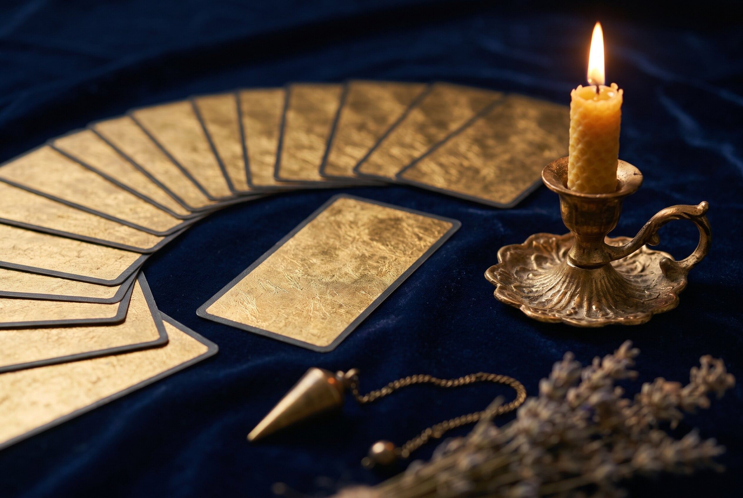 Une lecture de tarot à la bougie, cartes encore face cachée sur un tissu aux tons bleu nuit et or