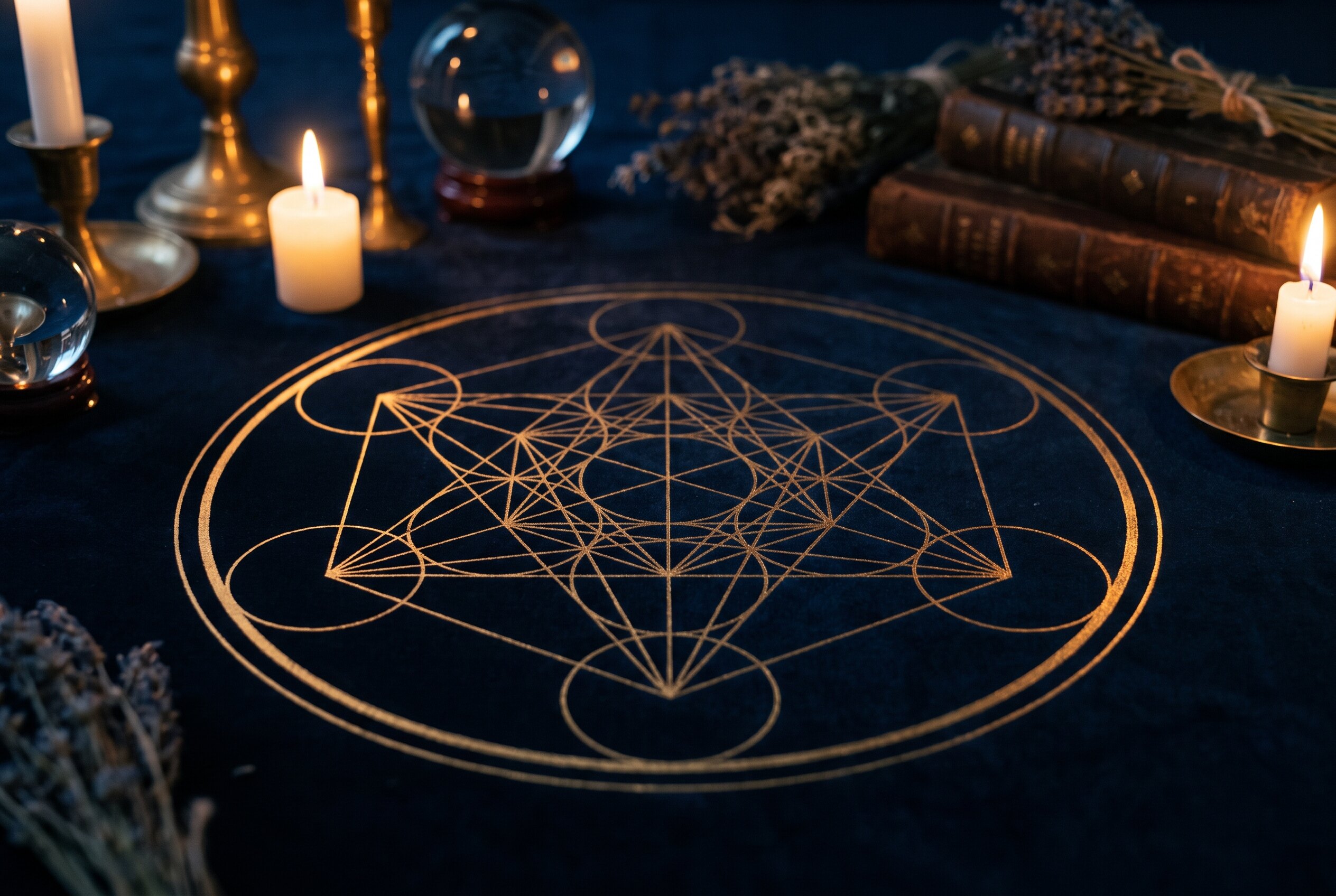 Un motif de geometrie sacree en fines lignes dorees luisant dans la penombre bleu nuit
