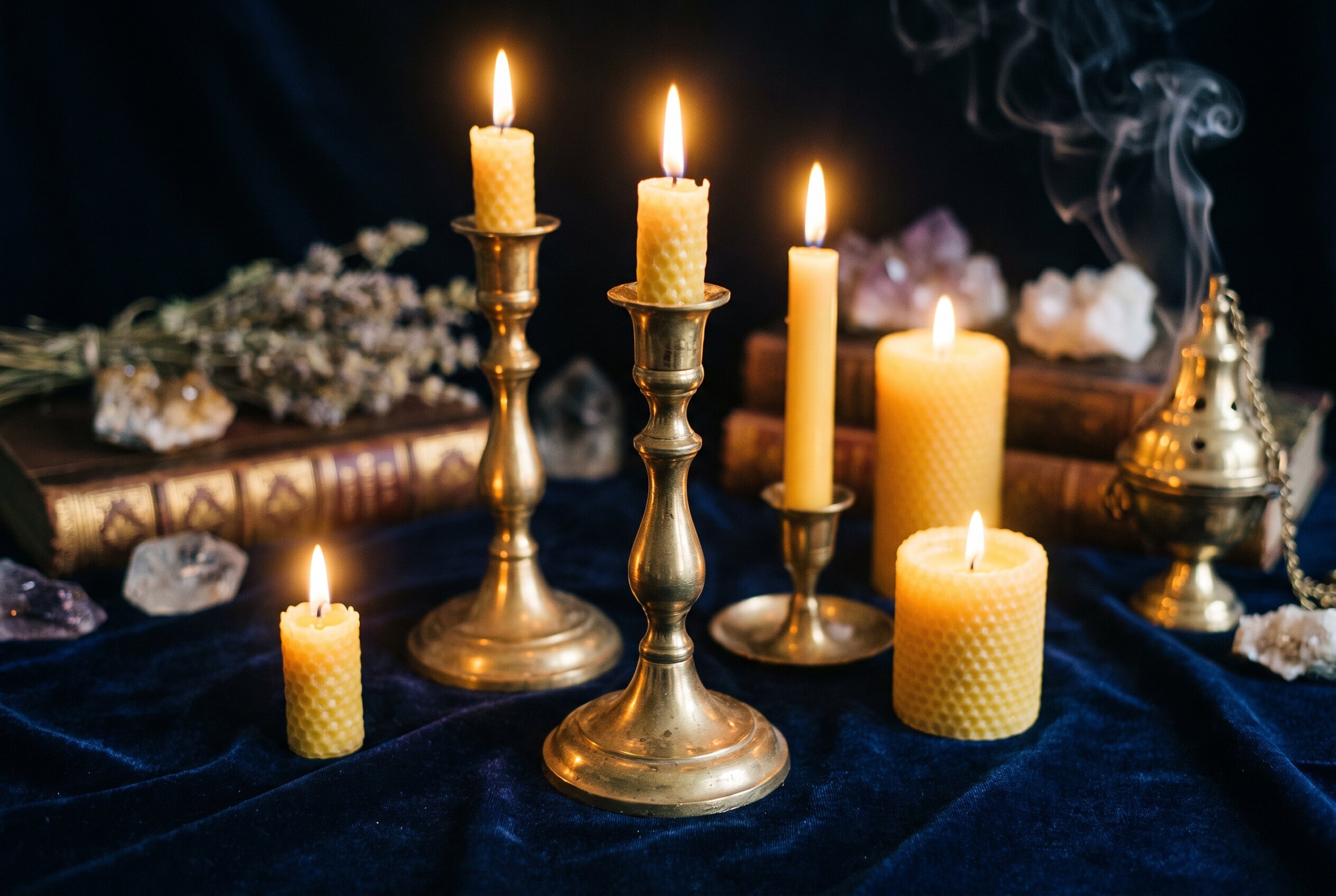 Quelques bougies allumees sur un velours bleu nuit, halo de lumiere doux et recueilli