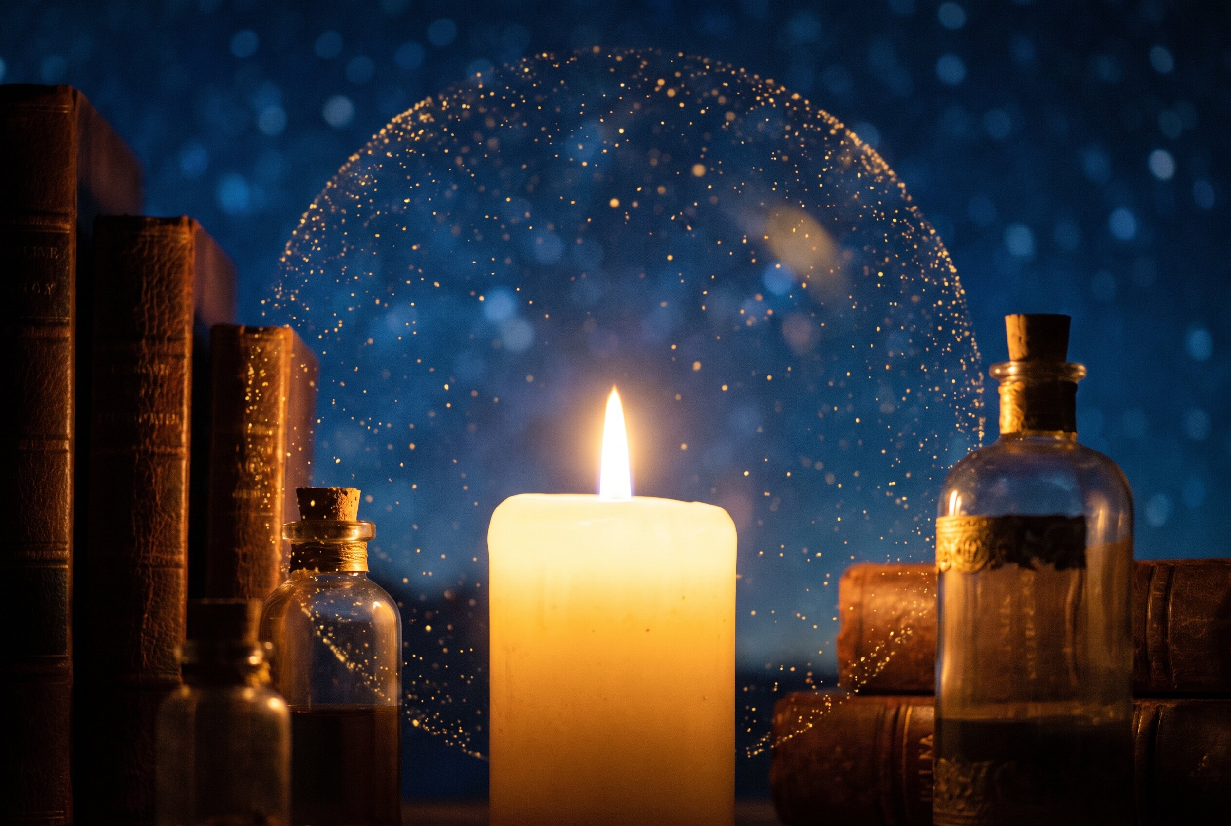 Une douce aureole de lumiere chaude sur un fond nocturne bleu nuit etoile, comme une bulle de protection