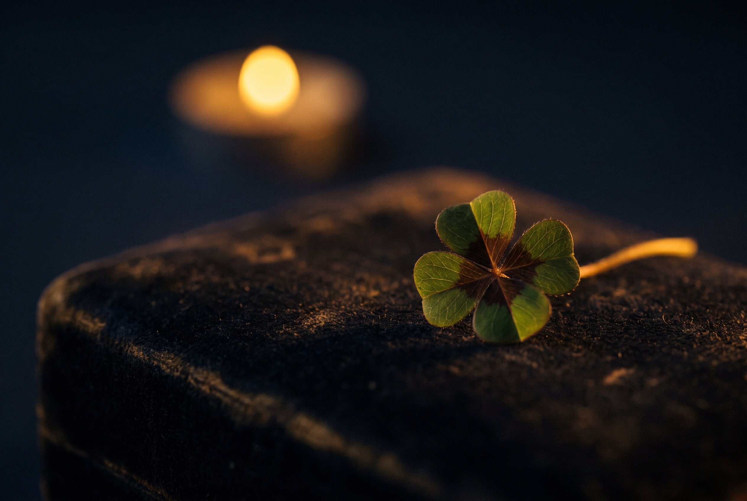 Un trefle a quatre feuilles delicat pose sur une surface sombre, une goutte de lumiere doree en arriere-plan flou