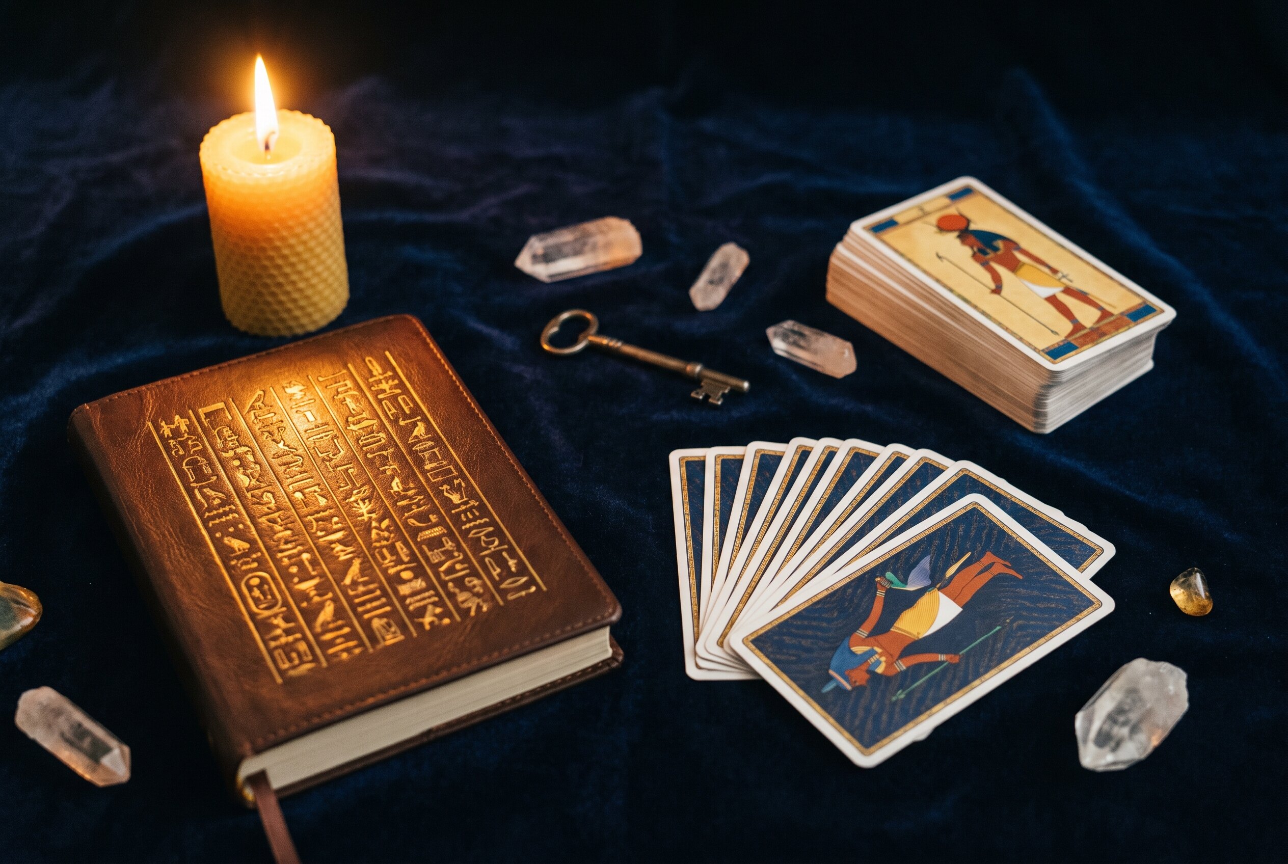 Un carnet de tirages à côté de cartes de tarot égyptien face cachée, sur velours éclairé à la bougie