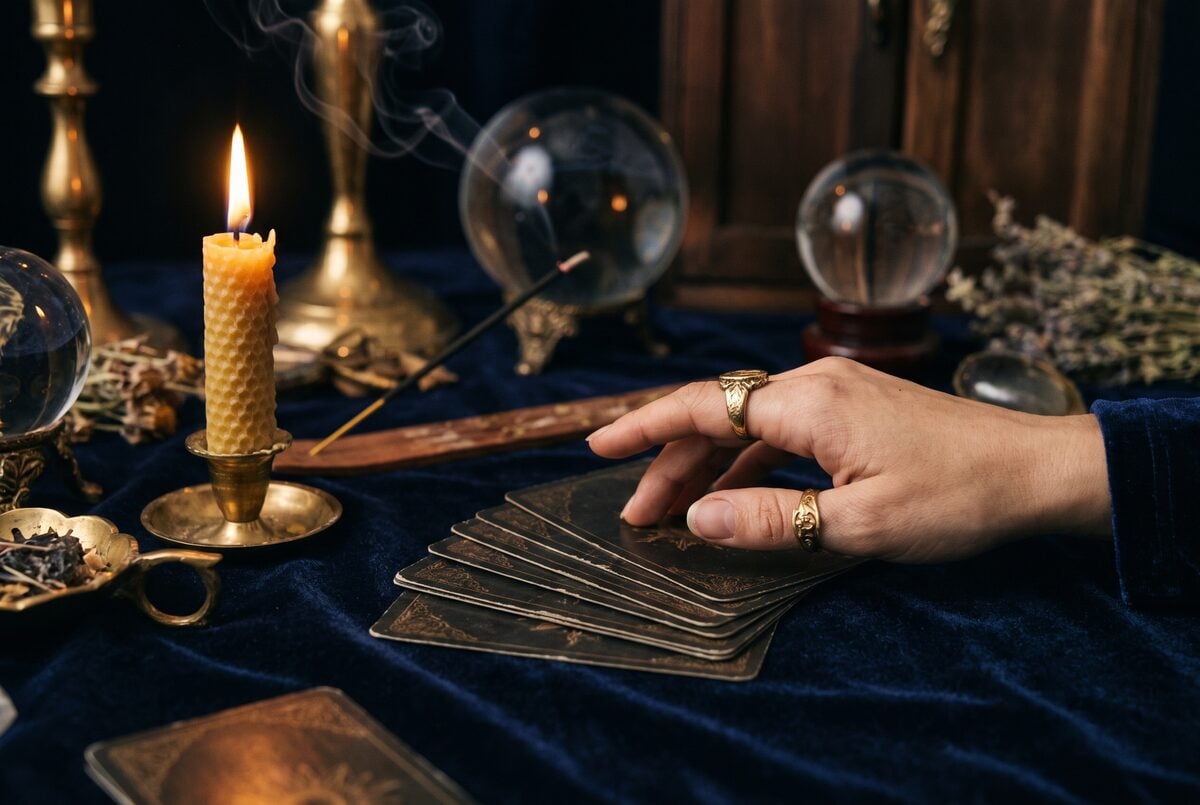 Quelques cartes face cachee disposees en tirage sur un tissu sombre, lumiere de bougie et fin filet de fumee
