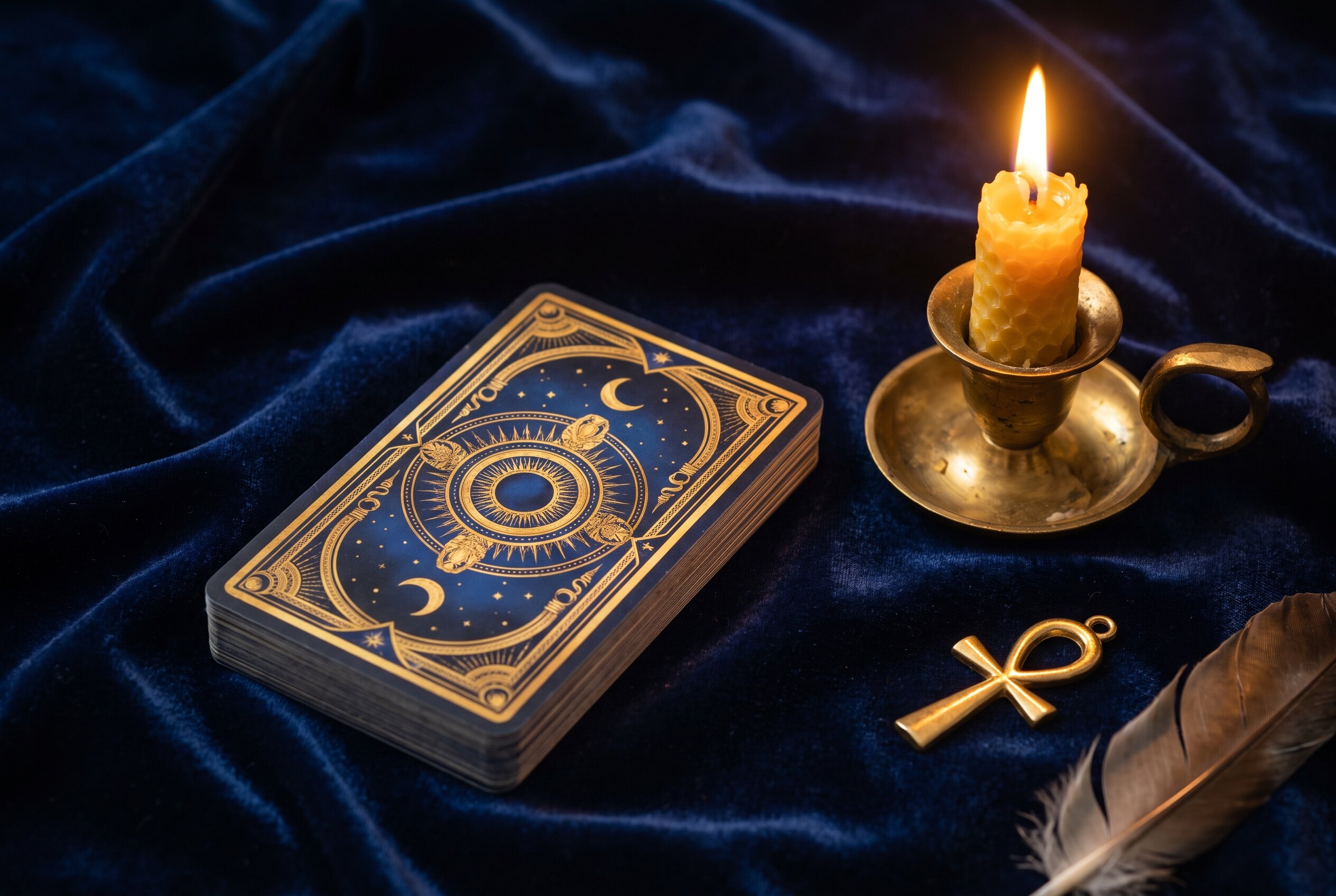 Des cartes de tarot égyptien face cachée sur un velours sombre, dans la lumière chaude d'une bougie