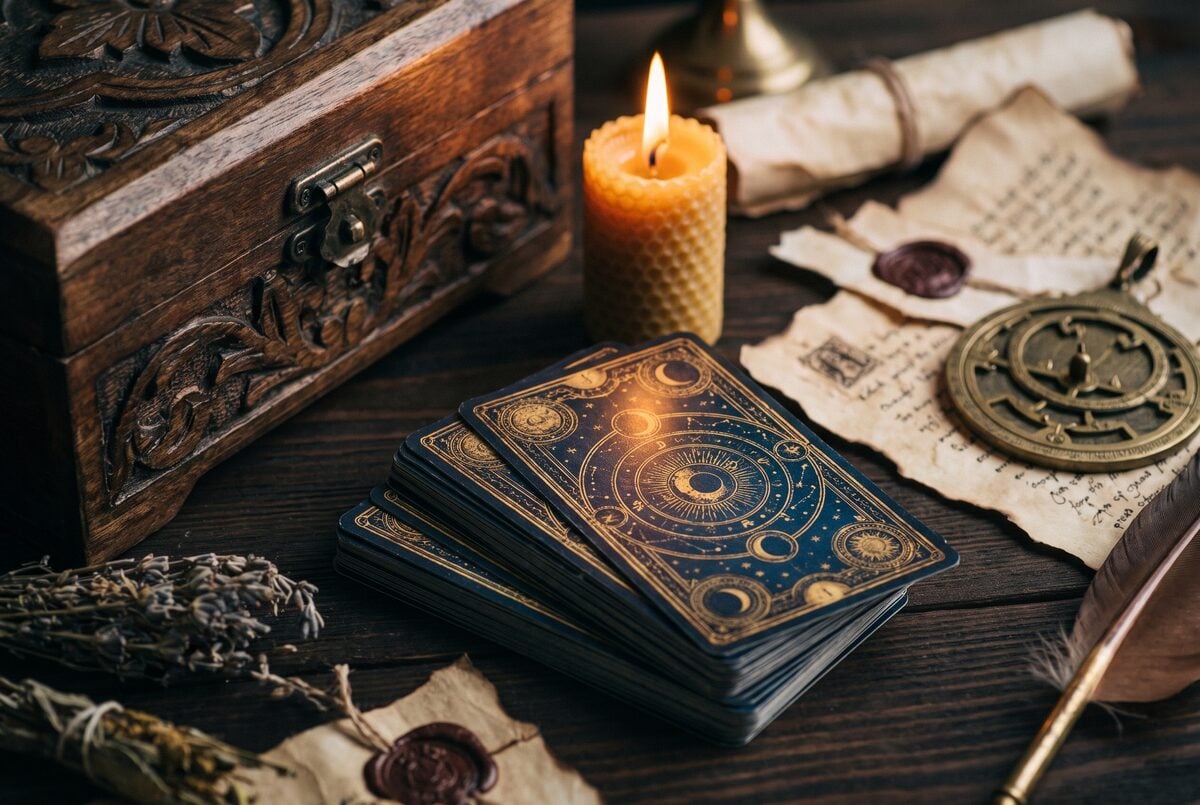 Jeu de cartes face cachee pres d un coffret en bois patine, bougie et parchemin, tons or et bleu nuit