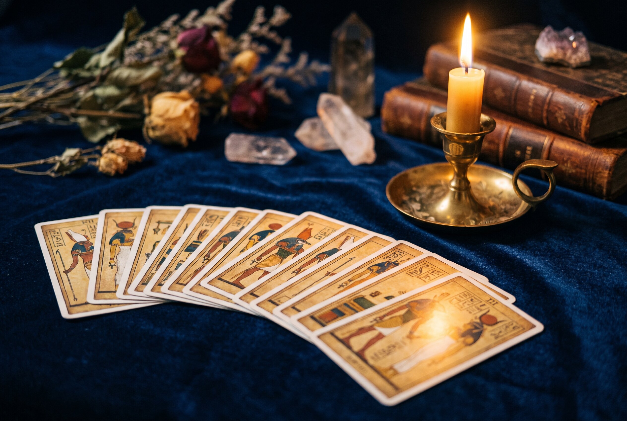 Un tirage de tarot égyptien aux cartes face cachée, disposé sur velours près d'une bougie allumée