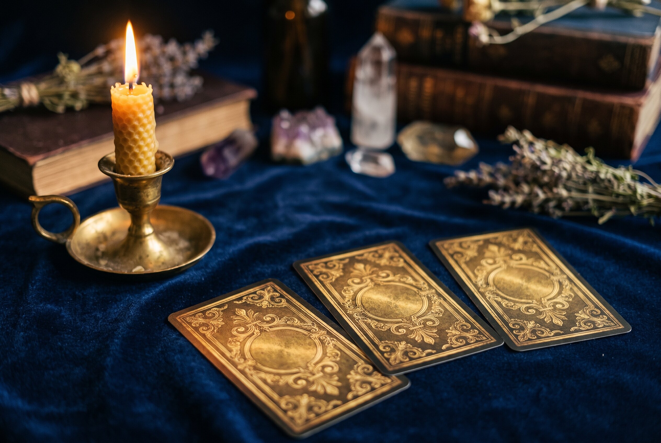 Des cartes de tarot face cachée pour un tirage oui non, sur velours sombre à la lueur d'une bougie