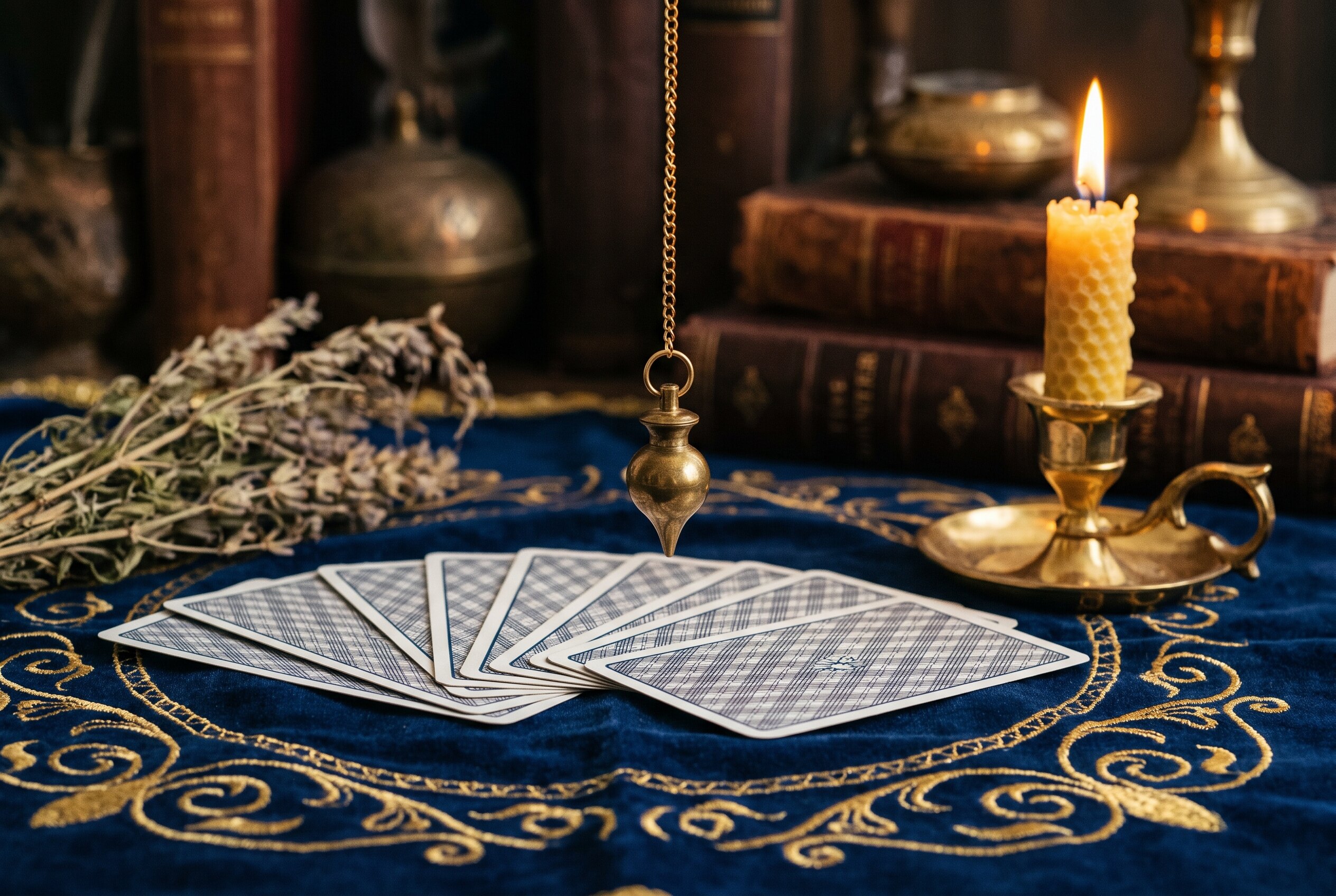 Un tarot et un pendule réunis pour une lecture, cartes face cachée sur velours, bougie allumée