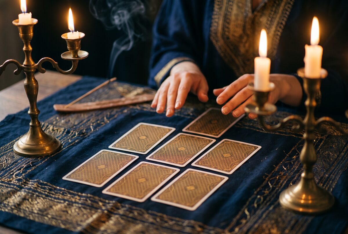 Lecture de cartes à la lueur de bougies : sept cartes face cachée aux dos dorés disposées sur un velours bleu nuit, mains du cartomancien et chandeliers en laiton