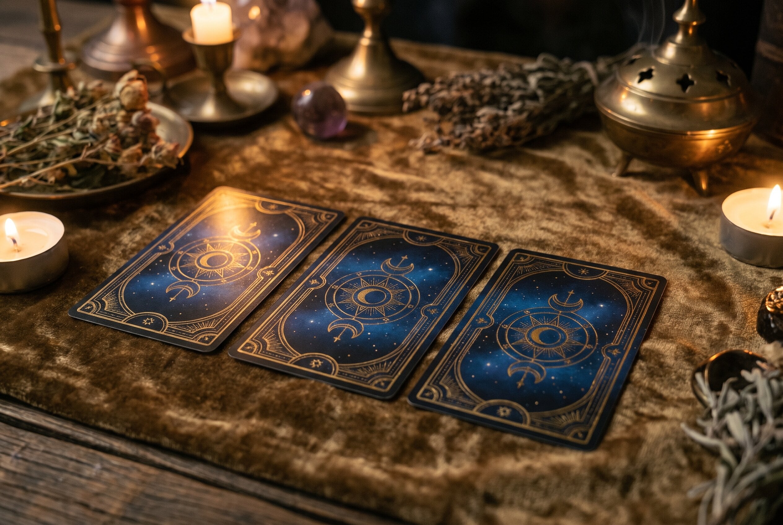 Un tirage de tarot en trois cartes face cachée, aligné sur une table sombre aux reflets bleu nuit
