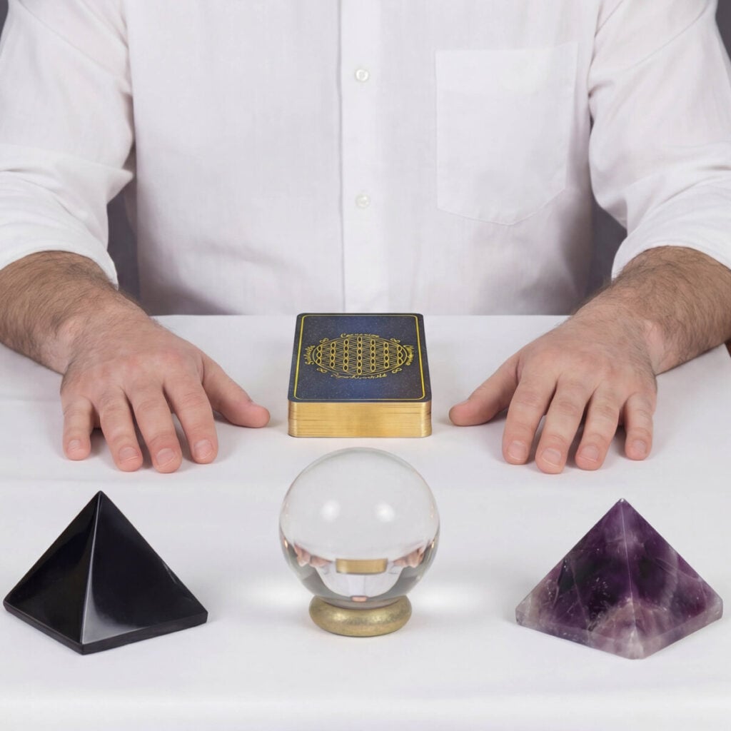 Johwan, cartomancien, les mains sur la table entouré de son jeu divinatoire, sa boule de cristal et ses pyramides en pierre